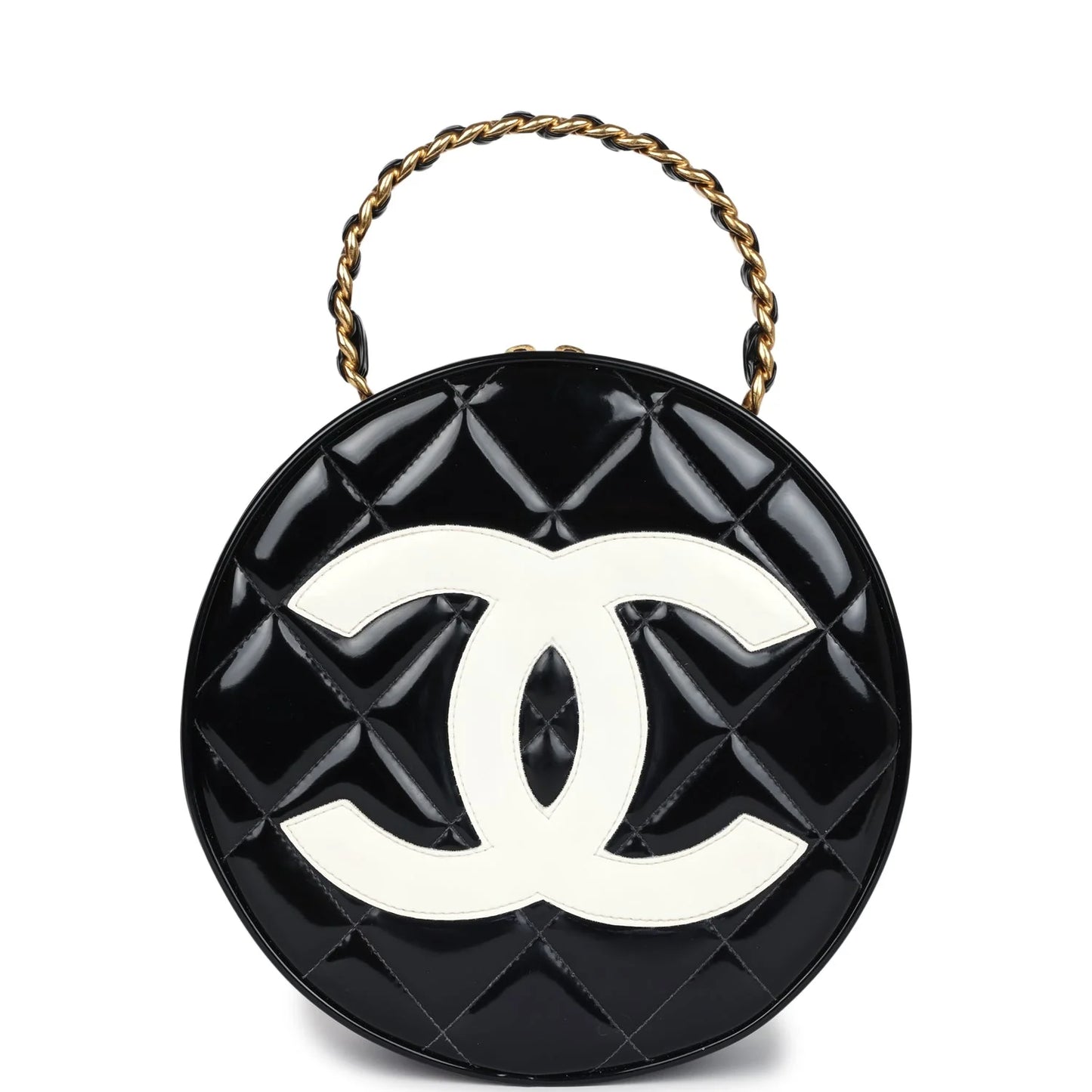 Vintage Chanel Round Vanity Bag Black and White Patent Leather Antique Gold Hardware