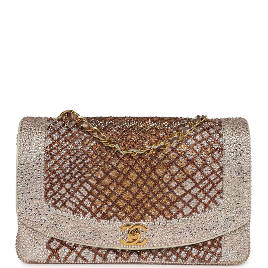 Custom Swarovski Crystal Vintage Chanel Medium Diana Flap Bag Beige Lambskin Gold Hardware